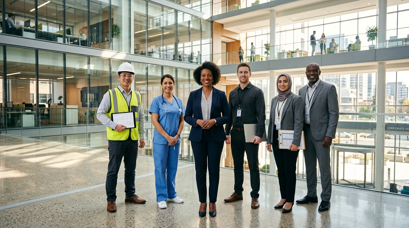 Diverse professional workforce standing confidently in modern corporate architecture
