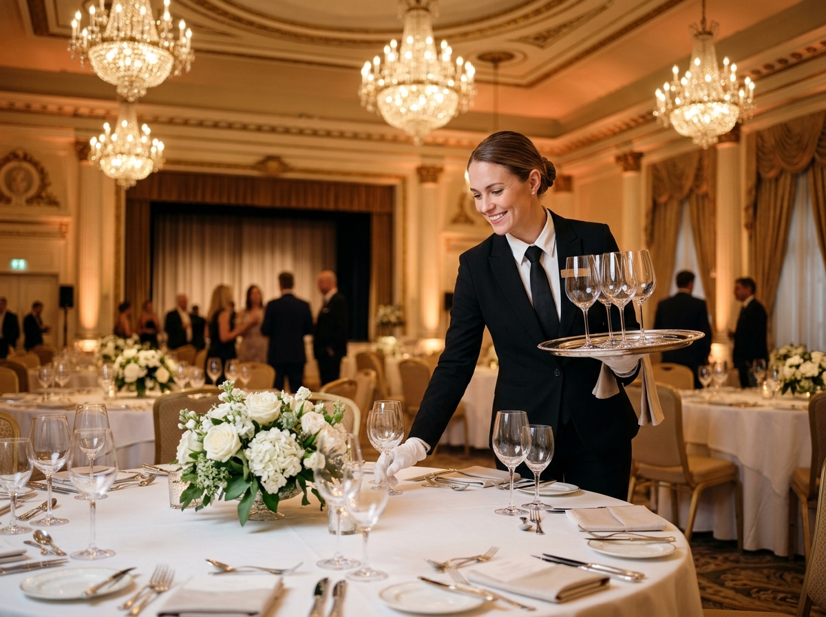 Professional elegant banquet server setting up a luxury formal dining event
